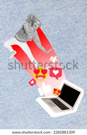 Photo collage of young woman addicted jumping virtual blogger inside laptop display famous person like emoji instagram isolated on blue background