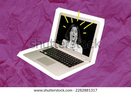 Creative 3d collage wallpaper funny excited girl image shocked laptop display shopping ecommerce advertisement purchase isolated on pink background Royalty-Free Stock Photo #2282881317