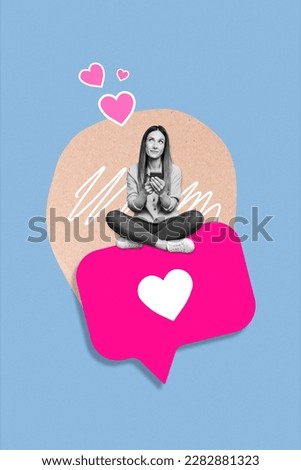 Vertical photo collage of positive lovely gorgeous girl sit on big shape like icon chatting in dating app isolated white color background Royalty-Free Stock Photo #2282881323
