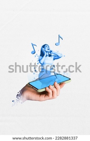 Trend futuristic banner collage of young lady holographic assistant music player application in smart cell device