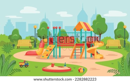 Kids playground in park. School area. Outdoor play ground equipment for kindergarten or house. Empty city landscape. Children town with ladders and slides. Vector cartoon background