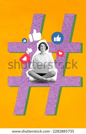 Creative collage of young cute lady using her new netbook hashtag popularity symbol much likes feedback stream twitch isolated on orange background