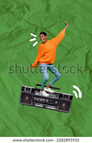 Collage artwork graphics picture of smiling cool lady guy dancing listening boom box isolated painting background