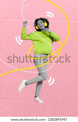 Artwork magazine collage picture of carefree lady enjoying music having fun isolated drawing background