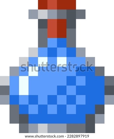 Mana potion pixel art. Blue elixir in magic phial retro game style icon. Vector illustration.