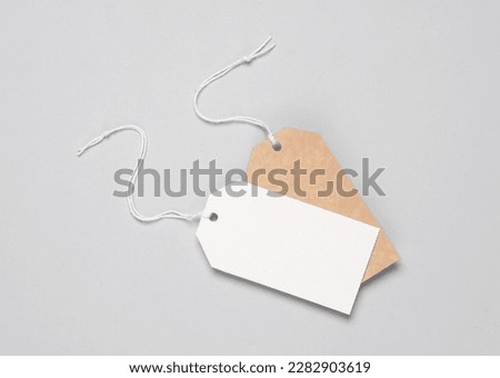 Empty brown craft and white paper price tags with string on gray background. Template for design