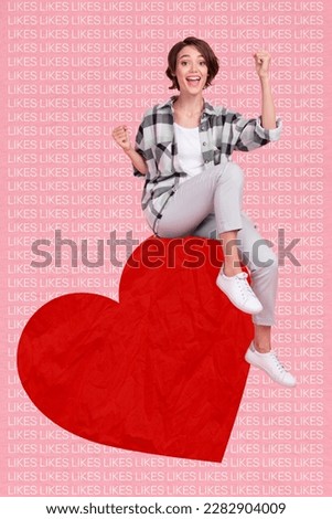 Photo collage artwork minimal picture of excited lucky lady getting likes rising fists isolated drawing background