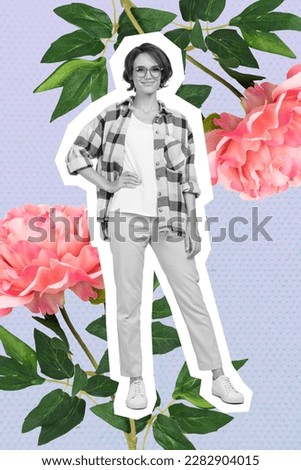 Photo cartoon comics sketch collage picture of smiling confident lady enjoying peony aroma isolated drawing background