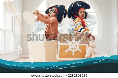 Sailing, box ship or pirate children role play, fantasy imagine or fun pretend in cardboard yacht container. Sea captain sailor, ocean boat game or portrait black kids on Halloween cruise adventure