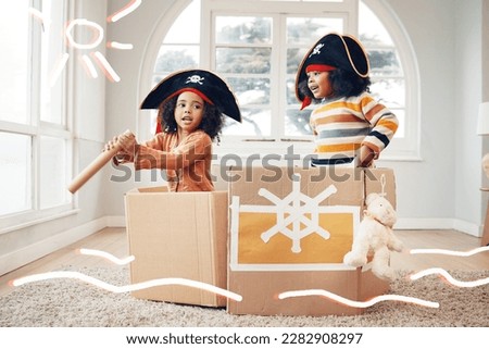 Pirate, box and children playing fantasy game in home living room with costume, telescope or ship. Black boy and girl or kids together for creative play illustration and boat to sail for development