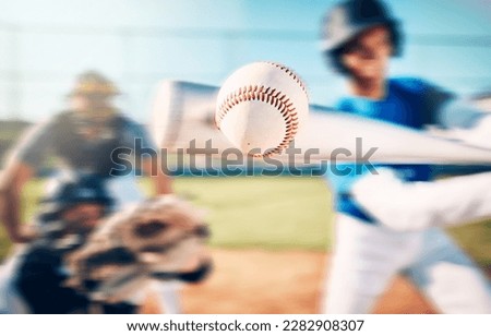 Baseball ball, athlete bat swing and speed on outdoor sport field with team and blur. Sports fast pitch, softball player hit and man on exercise ground in a stadium and usa game for fitness training