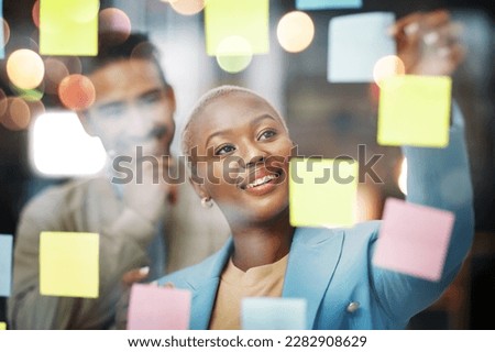 Planning, writing and business people in schedule, brainstorm or agenda, sticky note or innovation. Idea, partnership and happy black woman leader with solution goal, visual or problem solving answer Royalty-Free Stock Photo #2282908629