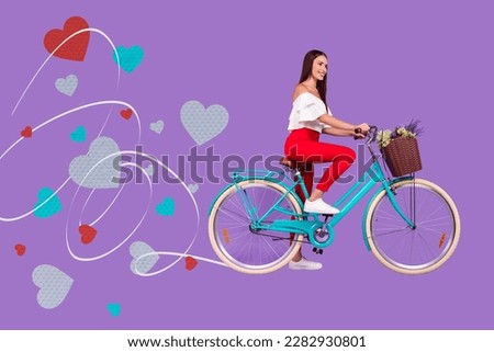 Creative collage picture of positive girl ride bicycle fresh flowers basket drawing hearts isolated on violet background