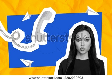 Yellow blue colors collage image picture artwork of pretty lovely girl blow lips speaking telephone roaming connection painted background