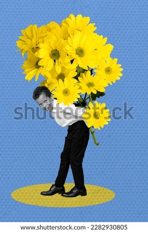 Creative 3d photo artwork graphics collage of happy smiling ukrainian little child holding yellow flower isolated drawing background