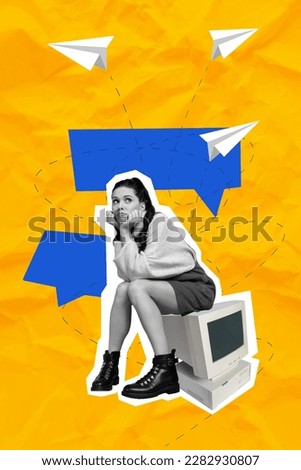 Exclusive magazine picture sketch collage image of bored lady waiting getting messages old vintage device isolated painting background