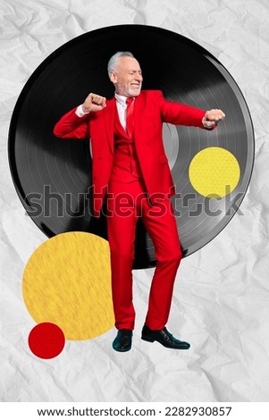 Vertical photo collage illustration of funny positive middle age man dancing wear red suit vinyl record isolated painting background