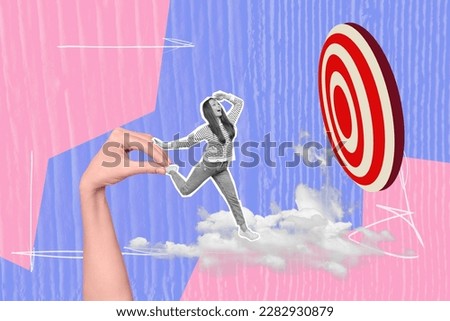 Creative photo collage artwork sketch of huge arm manipulating black white excited girl look at target isolated on painting background