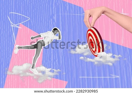 Bright creative collage picture poster image of excited happy positive man go look far ahead dream career promotion painted background