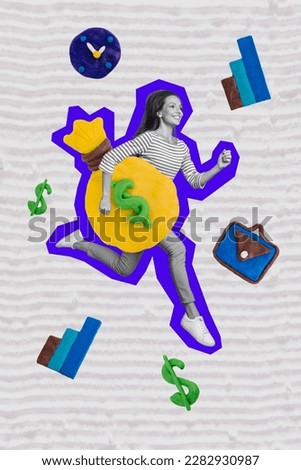 Creative picture pinup pop banner poster collage sketch of hardworking happy lady running ahead carrying credit deposit bank savings