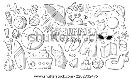 Summer monochrome doodles collection for coloring books, prints, cards, signs, planners, sublimation, icons, stickers, etc. EPS 10