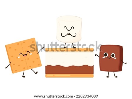 Sweet sandwiches from chocolate and marshmallow. Scheme of smore sweet children dessert preparing, cartoon vector illustration isolated on white background.