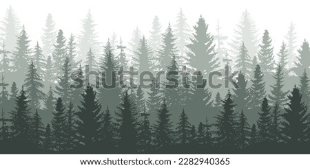 Forest panorama view. Pine tree landscape vector illustration.  Spruce silhouette. Banner background. Royalty-Free Stock Photo #2282940365