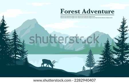 Mountain nature view vector illustration. Flat panorama view of lakeside. Reindeer and pine tree silhouette. Traveling and camping poster design. Royalty-Free Stock Photo #2282940407
