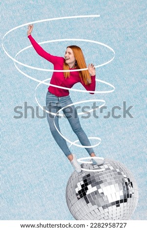 Vertical collage picture of satisfied carefree girl stand big disco ball dancing isolated on denim blue creative background