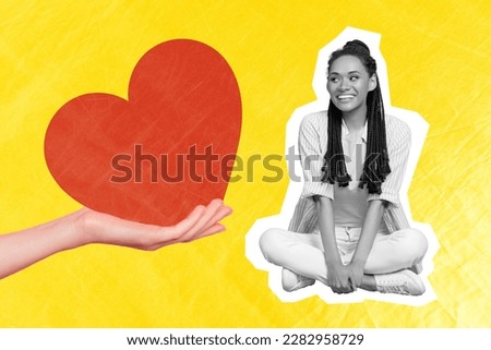 Composite collage image of big arm palm hold give red heart mini black white gamma girl isolated on yellow background