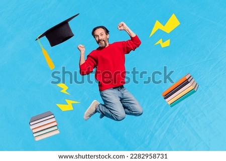 Creative retro 3d magazine collage of lucky happy guy celebrating finishing master education isolated painting background