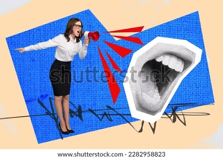 Vertical creative pop collage image picture artwork of mad crazy angry lady scream hate workers finger pointing painted background Royalty-Free Stock Photo #2282958823