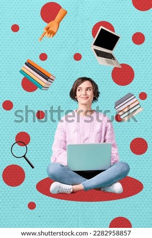 Vertical photo collage illustration of positive beautiful student girl studying online sitting with laptop isolated painting background
