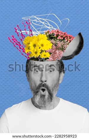 Vertical collage picture of impressed black white colors man fresh flowers inside opened head isolated on blue creative background