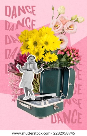 Artwork magazine collage picture of happy smiling lady enjoying vintage player music isolated drawing background