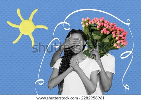 Creative photo artwork collage painting of funny guy bunch instead head cover arm lady eyes isolated drawing background