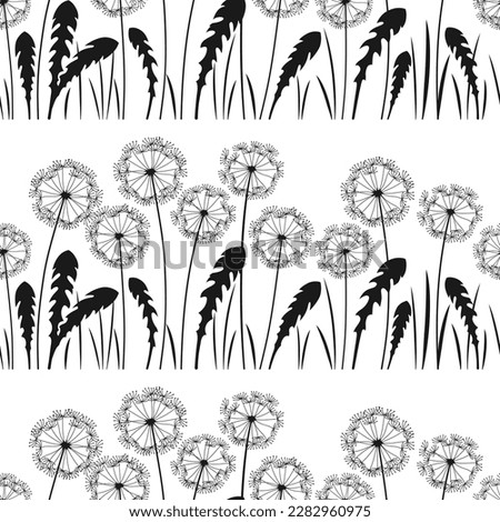 Dandelion silhouette seamless pattern. Abstract flowers dandelions blossom engraved plants repeat wallpaper. Botany floral design template background ornament, boundless scrapbook vector decoration