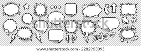 Empty comic bubbles and elements template with black halftone shadows on transparent background. Vector illustration, retro, vintage design, pop art style. Royalty-Free Stock Photo #2282963095