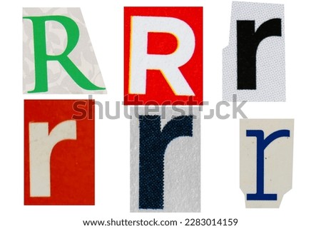 Letter r  magazine cut out font, ransom letter, isolated collage elements for text alphabet, ransom note, hand made and cut from Old newspaper magazine cutouts, high quality scan.