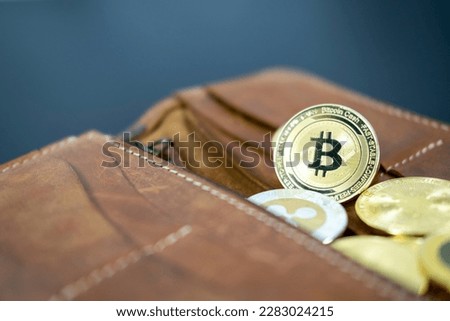 Hand holding cryptocurrency coins on wallet. Bitcoin on wood desk table background. Virtual cryptocurrency concept. digital for defi decentralized financial banking p2p exchange investment technology