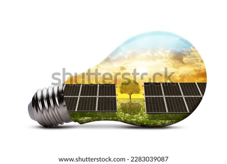 Eco LED light bulb with solar energy panels isolated on white background. Concept of green energy.	
