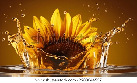 Liquid vegetable sunflower oil, bio organic seeds cooking oil splash and fresh sunflower Royalty-Free Stock Photo #2283044537