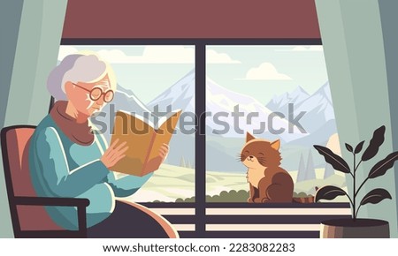 Elderly Woman Character Reading A Book On Chair With Plant Vase And Adorable Cat On Mountain Landscape Through Window Background.