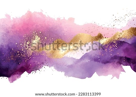 Mauve liquid watercolor background with golden glitter lines. Pastel violet marble alcohol ink drawing effect. Vector illustration of abstract stylish fluid art amethyst backdrop. Royalty-Free Stock Photo #2283113399