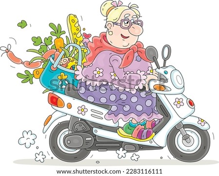 Funny chubby granny with a bag full of groceries from a shop driving her motor scooter on a way home, vector cartoon illustration isolated on a white background