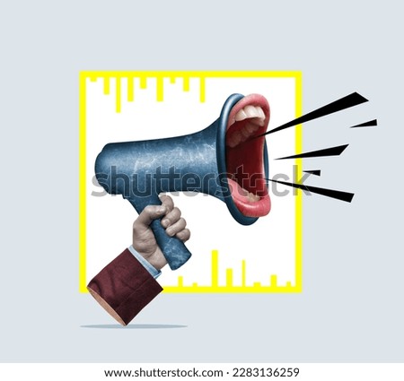 Megaphone with screaming mouth, art collage. Royalty-Free Stock Photo #2283136259