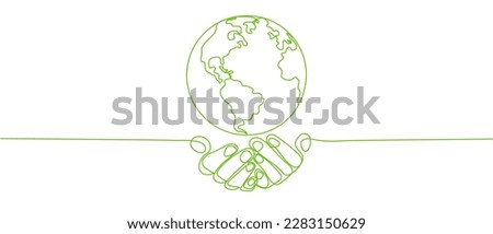 Happy earth day banner by green continuous single line drawing hands embracing the planet isolated on white background in concept of environment, ecology, eco friendly symbol. Vector illustration