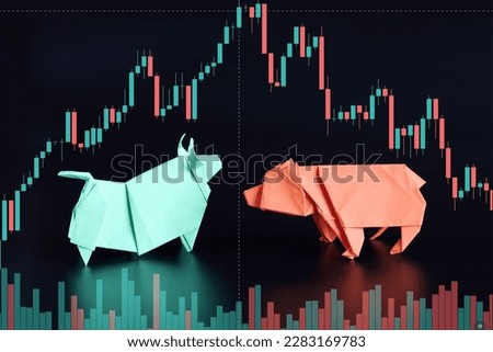 Origami bull and bear confrontation, trading of exchange schedule Japanese candles against dark background