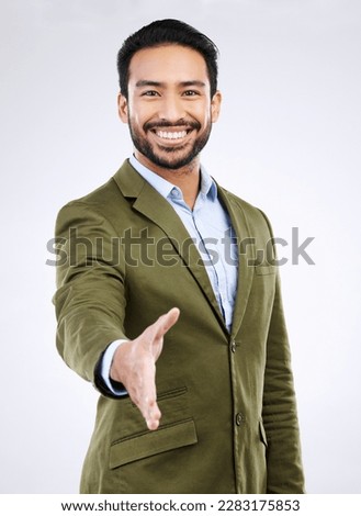 Studio portrait, happy man and handshake gesture for investment deal, b2b contract or business acquisition agreement. Human resources, hiring welcome and HR hand shake isolated on gray background