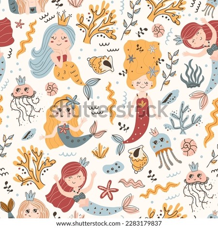 Mermaide seamless pattern.Background with mermaids,octopuc and corals.Sea pattern.Marine background.Fairytail mermaid vector pattern.Textile texture.Cartoon fabric